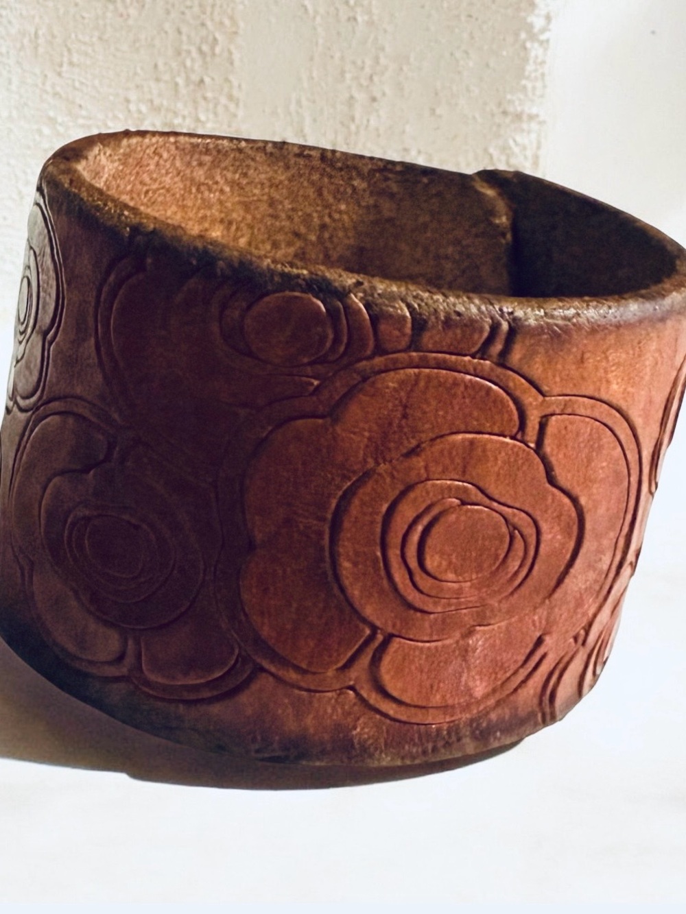Handmade Reworked Vintage Tooled Leather Floral Boho Cuff Bracelet